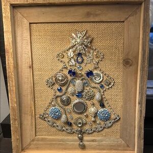 Rustic Framed Holiday Tree Art with Blue Accents